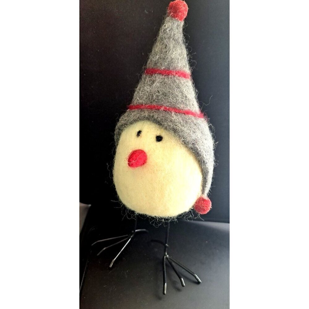 Felted Cream Colored Bird in Gray and Red Stripe Gnome Hat Black Wire Legs